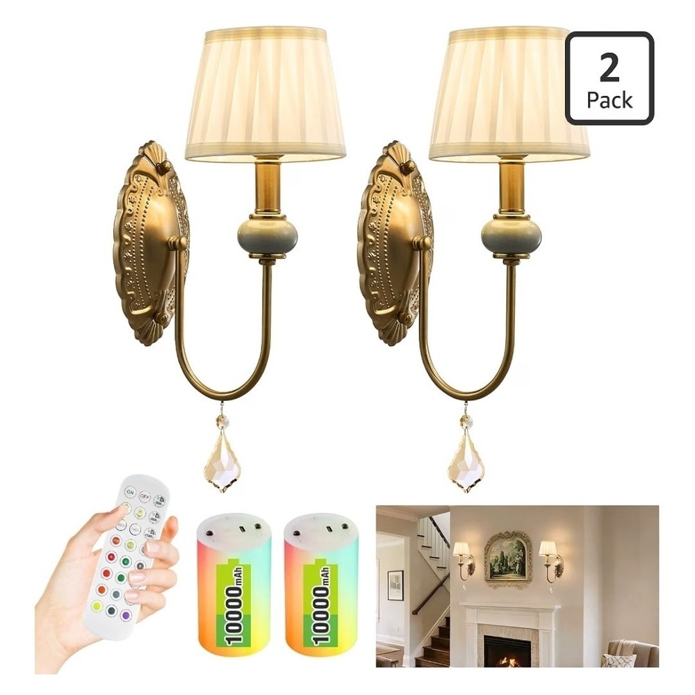 Antique Brass Wireless Wall Sconces Set of 2 with Remote, Dimmable RGB Lights